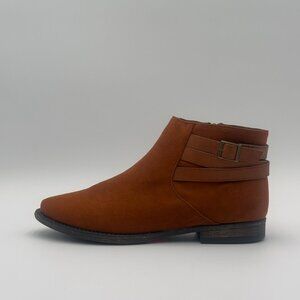Buckle-Strap Detail Suede Ankle Boots - Low Heel, Brown